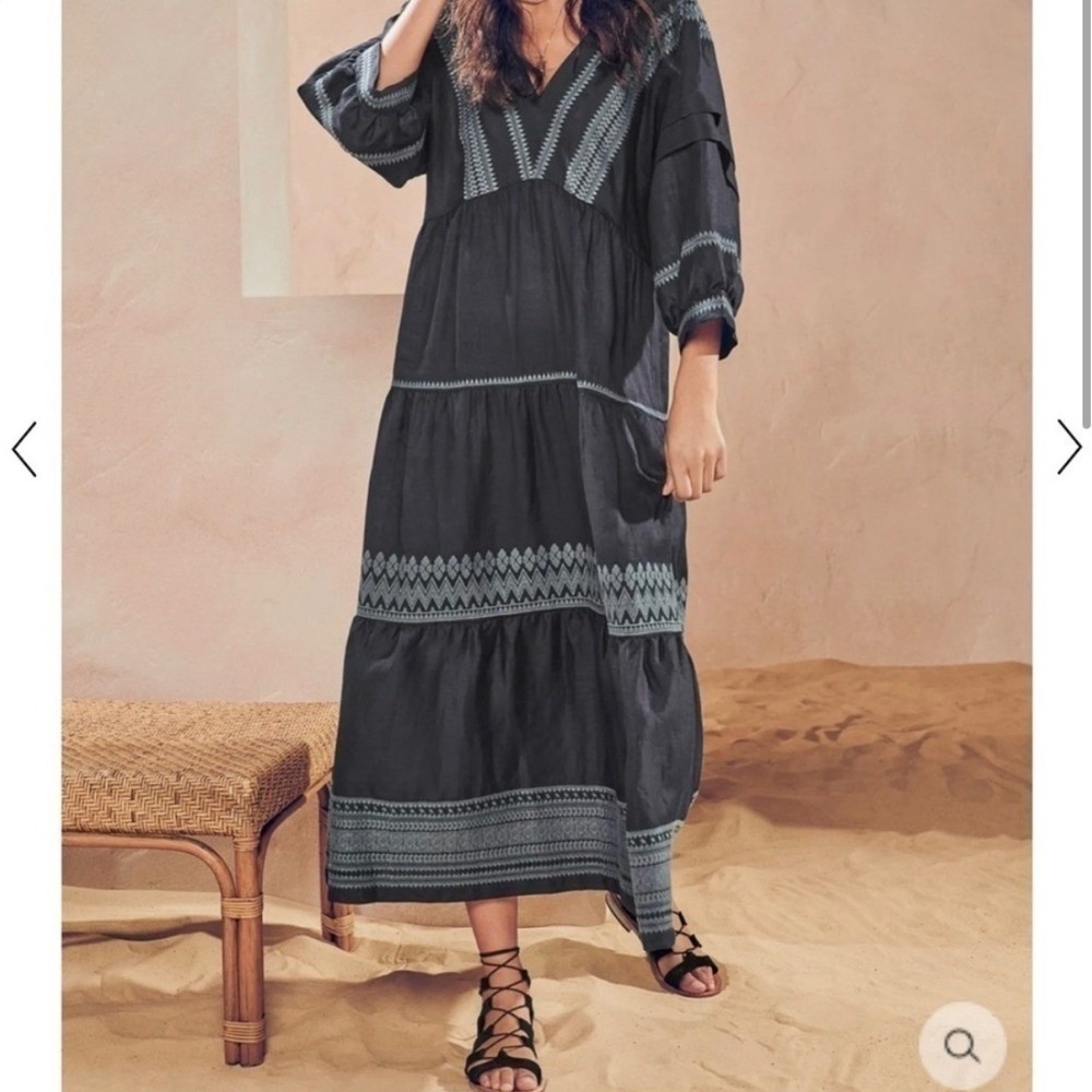 Wrap London Midnight Linen Embroidered Tiered Maxi Dress ZB44 US 16 NEW